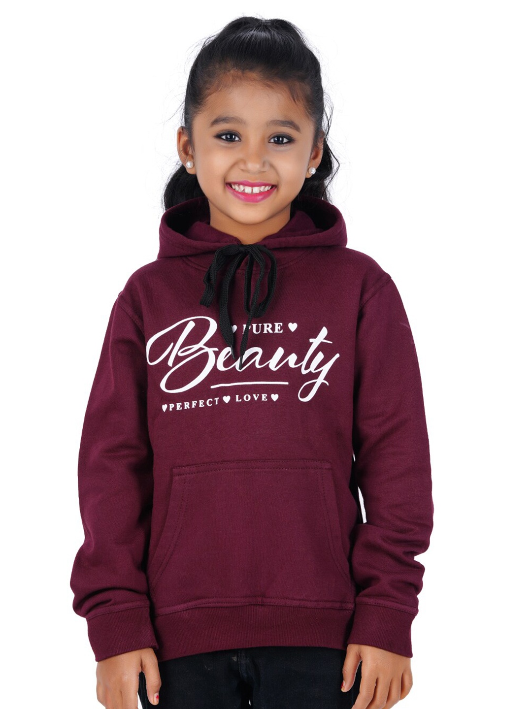 

Fleximaa Unisex Kids Maroon Printed Hooded Sweatshirt