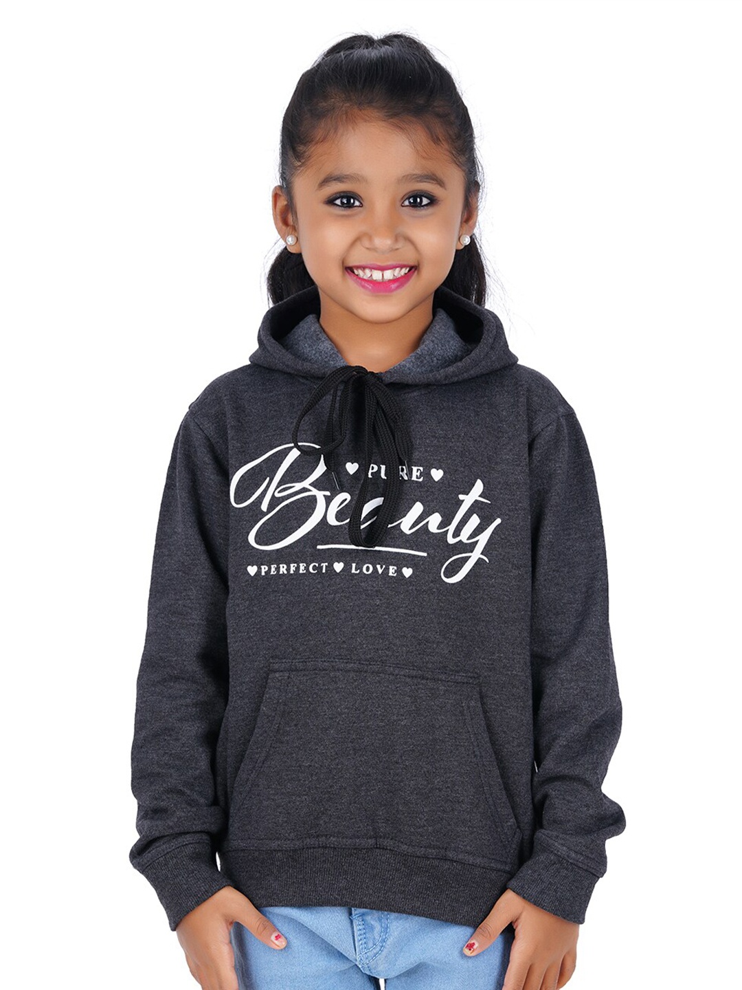 

Fleximaa Unisex Kids Charcoal Printed Hooded Sweatshirt