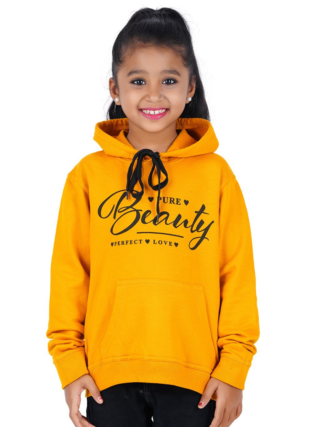 

Fleximaa Unisex Kids Mustard Printed Hooded Cotton Sweatshirt