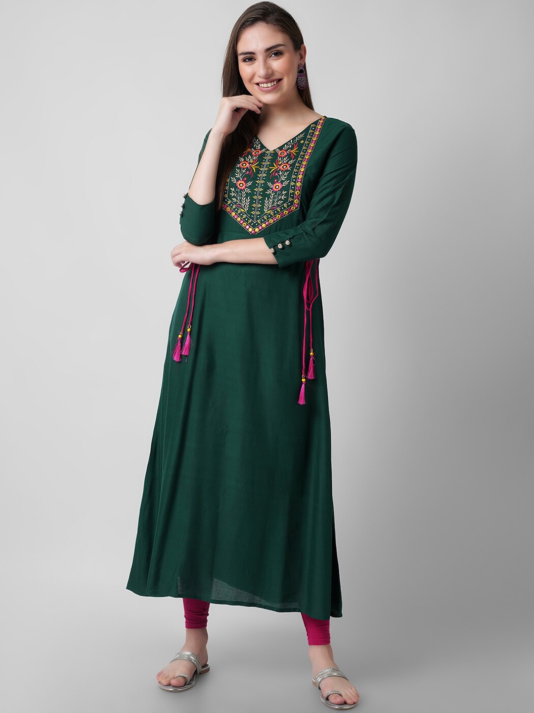 

KALINI Women Green Yoke Design Thread Work A-Line Kurta