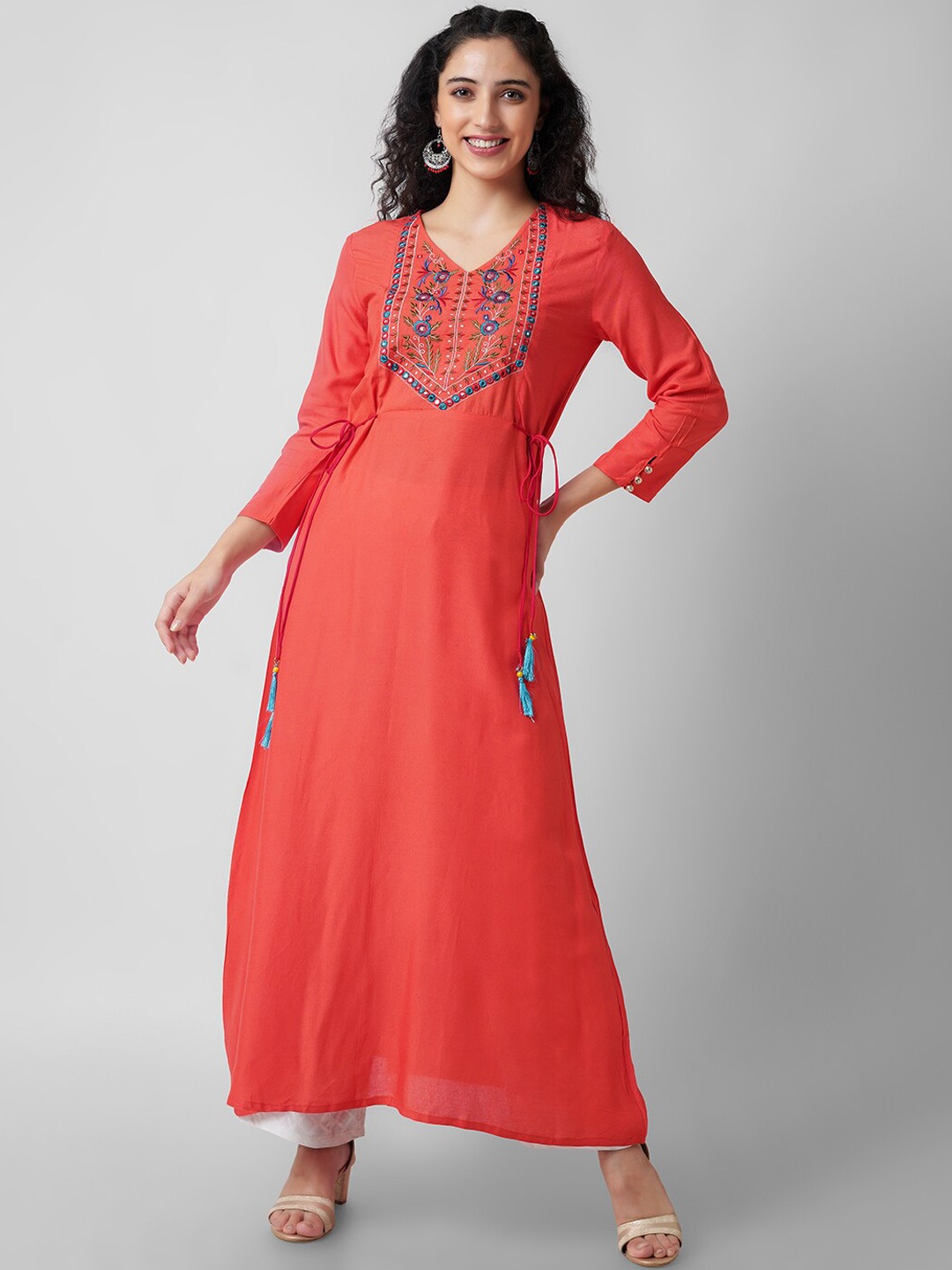 

KALINI Women Orange Floral Yoke Design Kurta