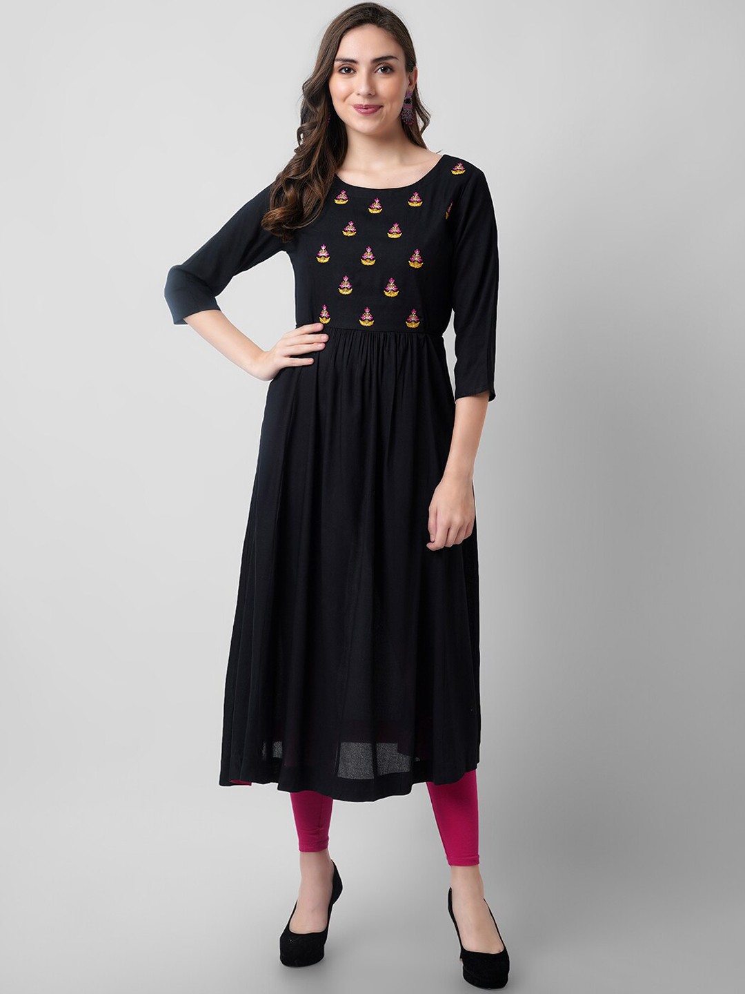 

KALINI Women Black & Red Yoke Design Thread Work Kurta