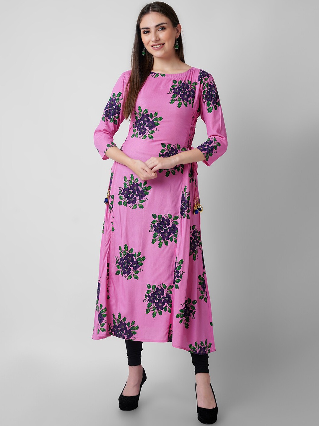 

KALINI Women Pink & Blue Floral Printed Gotta Patti Handloom A-Line Kurti
