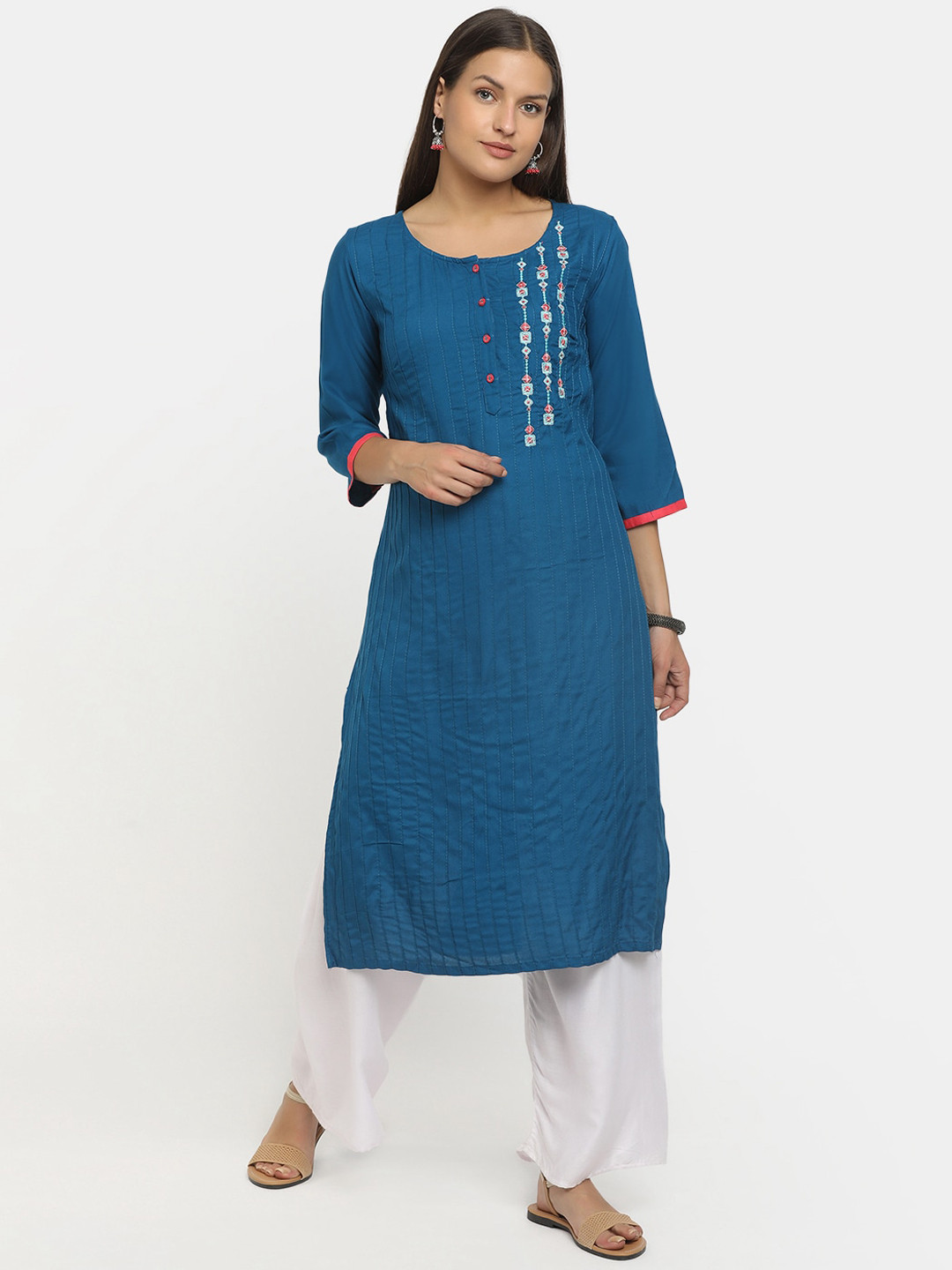 

V-Mart Women Teal Blue Geometric Embroidered Kurta