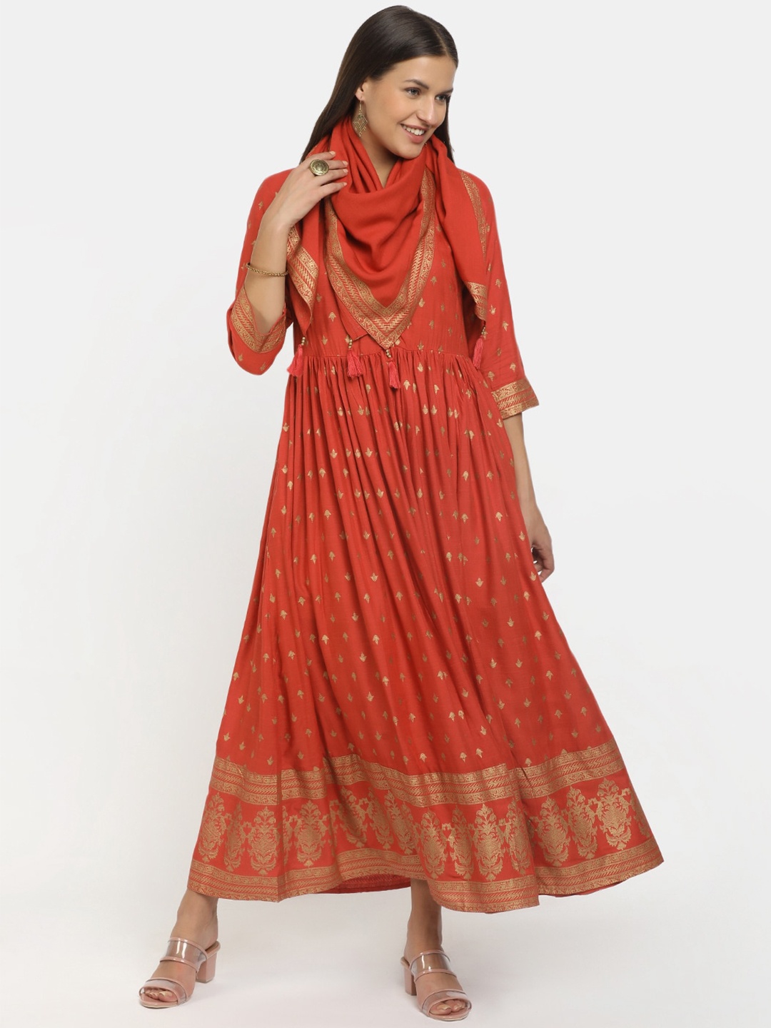 

V-Mart Women Brown & Gold-Toned Ethnic Motifs Flared Sleeves Anarkali Kurta