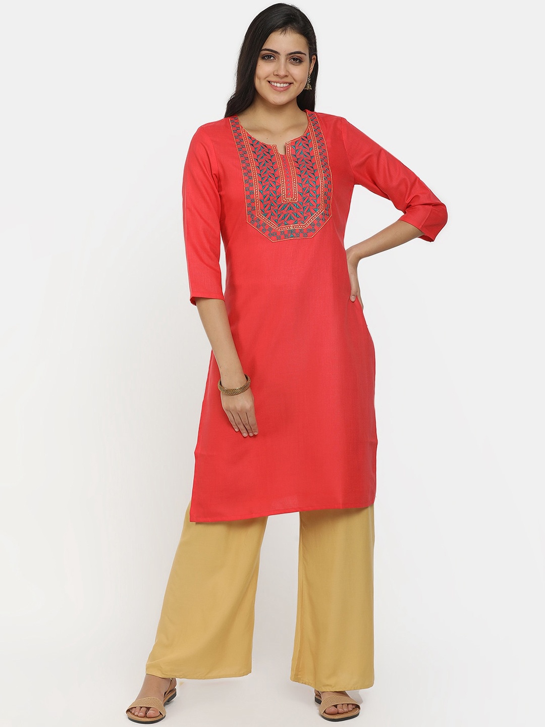 

V-Mart Women Orange & Multicoloured Yoke Design Thread Work Kurta