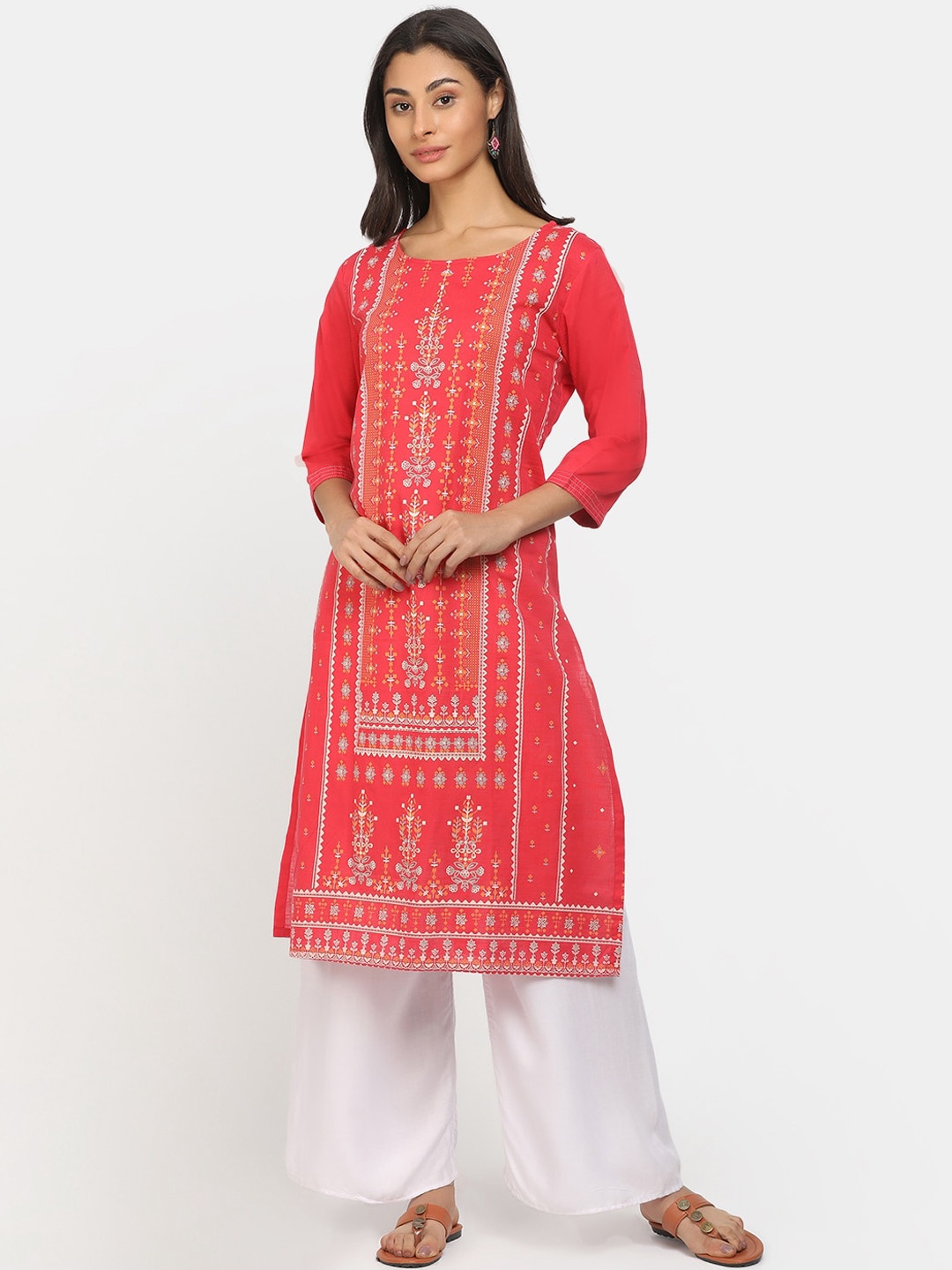 

V-Mart Women Coral & Silver-Toned Ethnic Motifs Printed Cotton Kurta