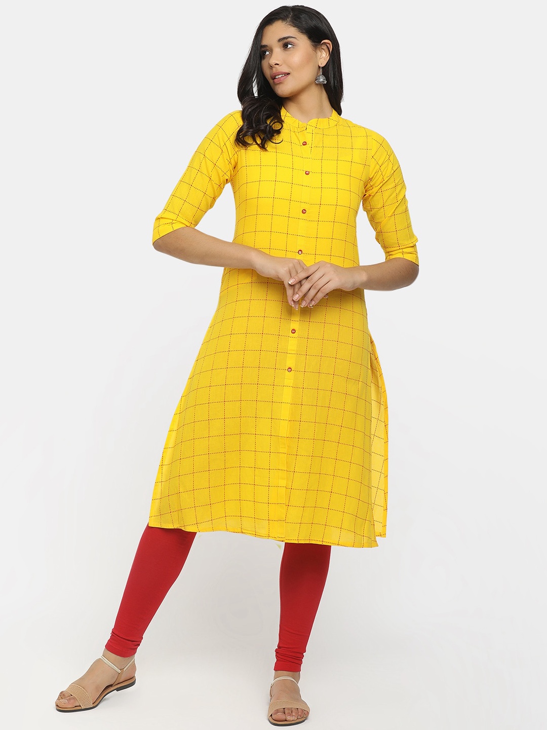

V-Mart Women Mustard Yellow Checked Cotton Straight Kurta