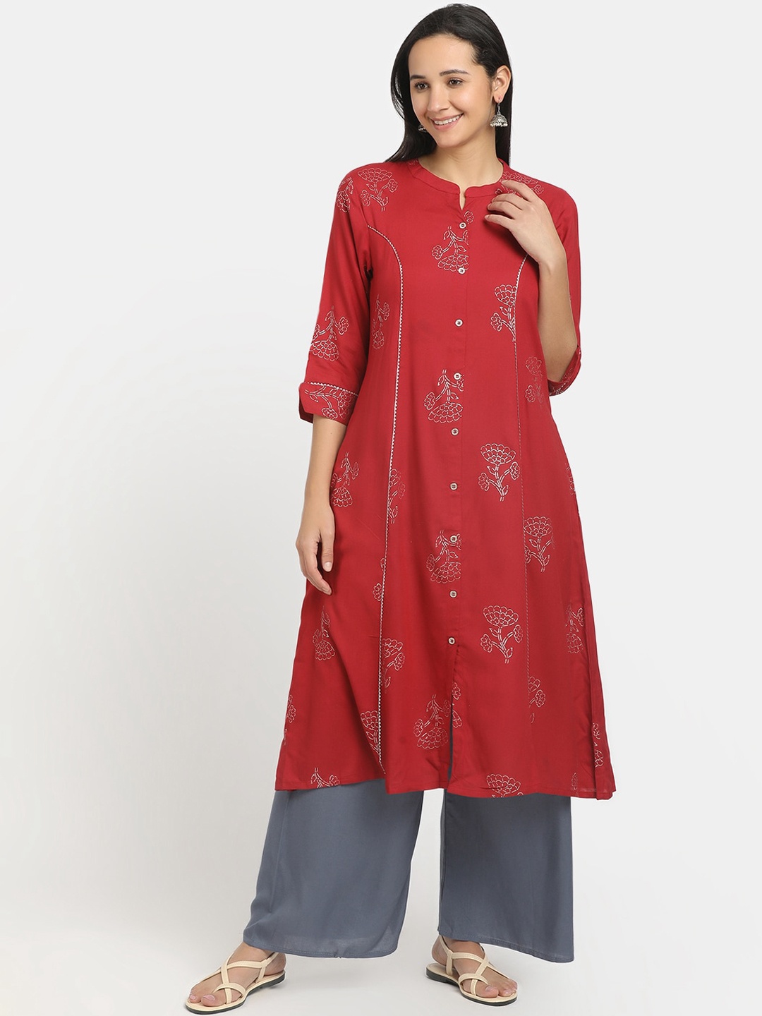 

V-Mart Women Maroon & Silver-Toned Ethnic Motifs Printed Kurta