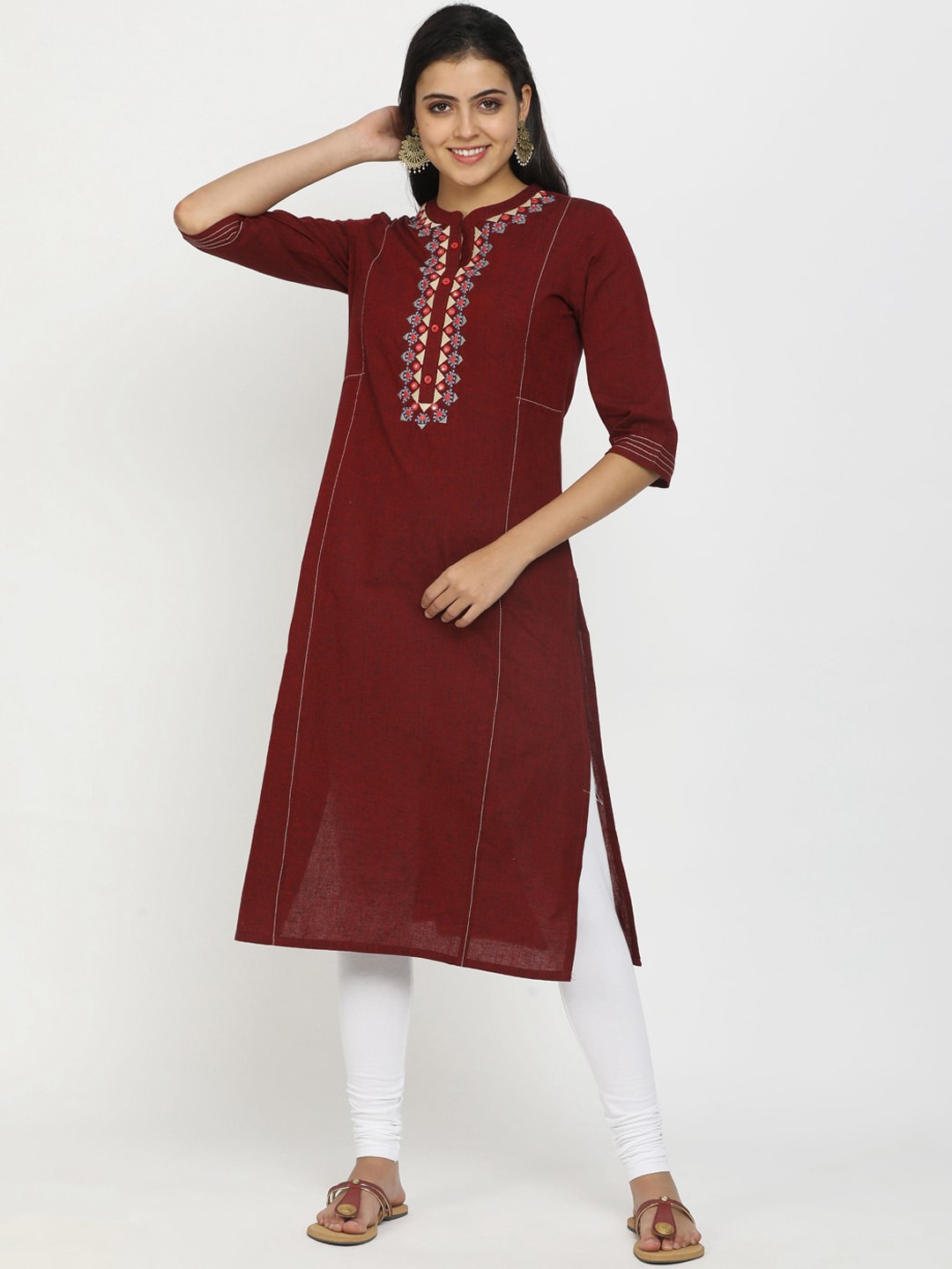 

V-Mart Women Maroon Geometric Embroidered Mirror Work Kurta