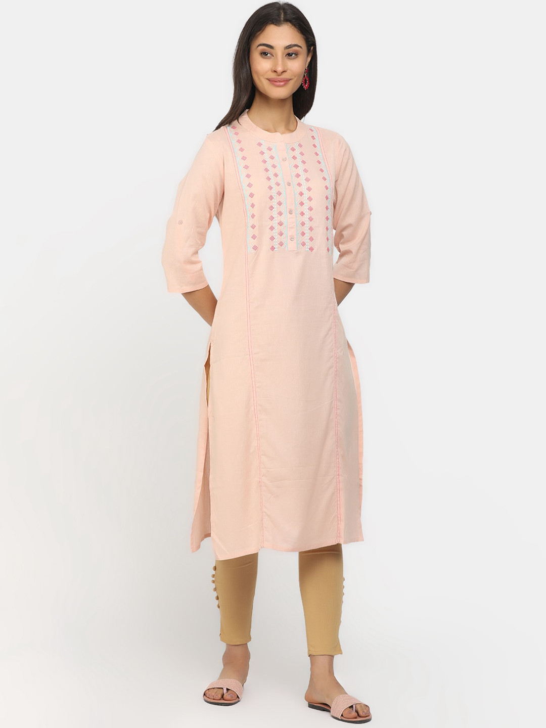 

V-Mart Women Peach-Coloured Geometric Embroidered Thread Work Kurta