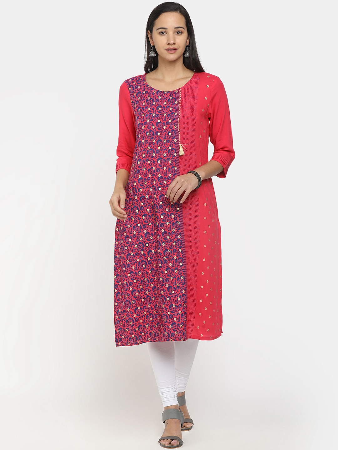 

V-Mart Women Fuchsia & Blue Ethnic Motifs Printed Cotton A-line Kurta