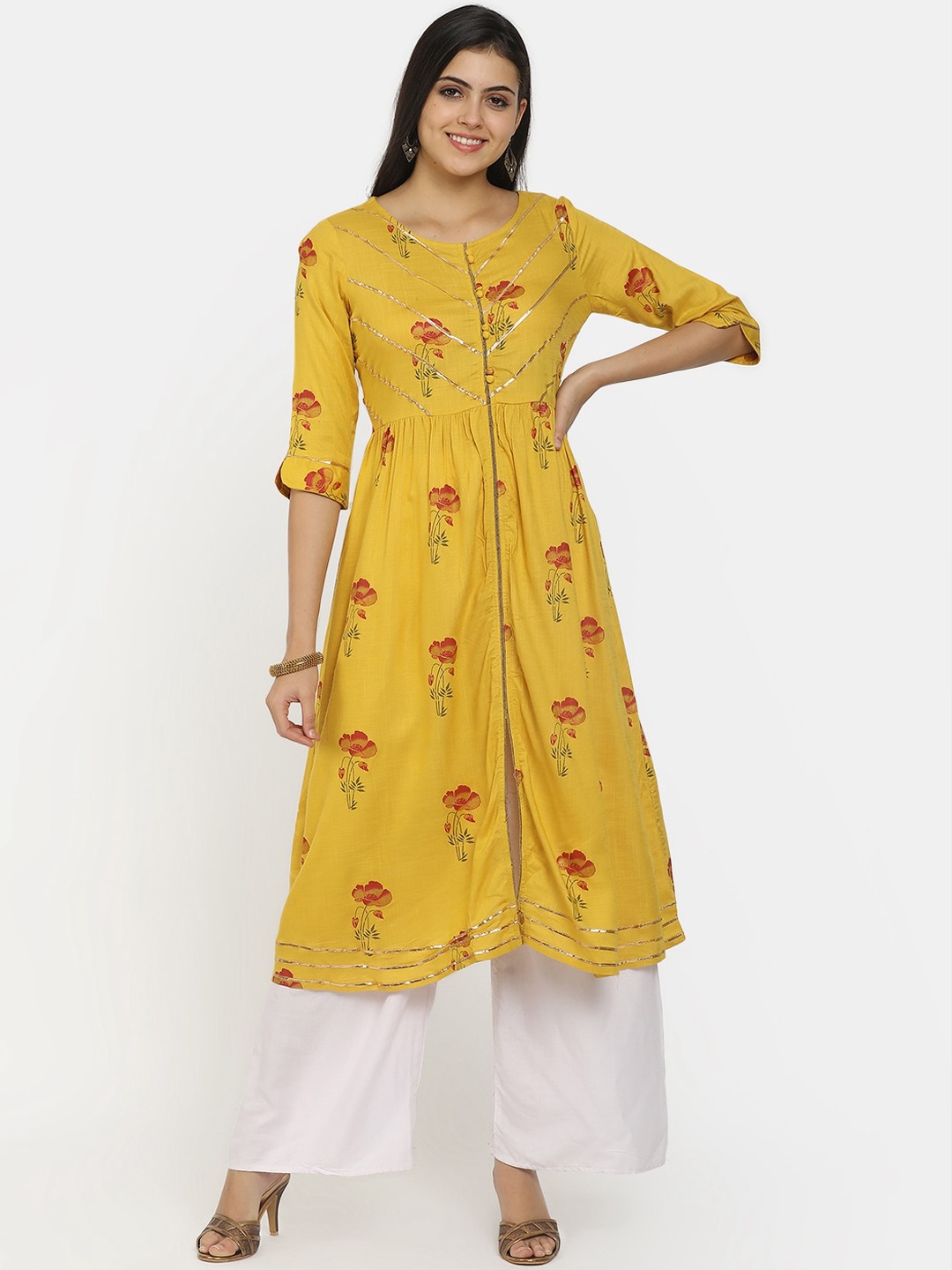 

V-Mart Women Beige Ethnic Motifs Printed Flared Sleeves Gotta Patti Anarkali Kurta