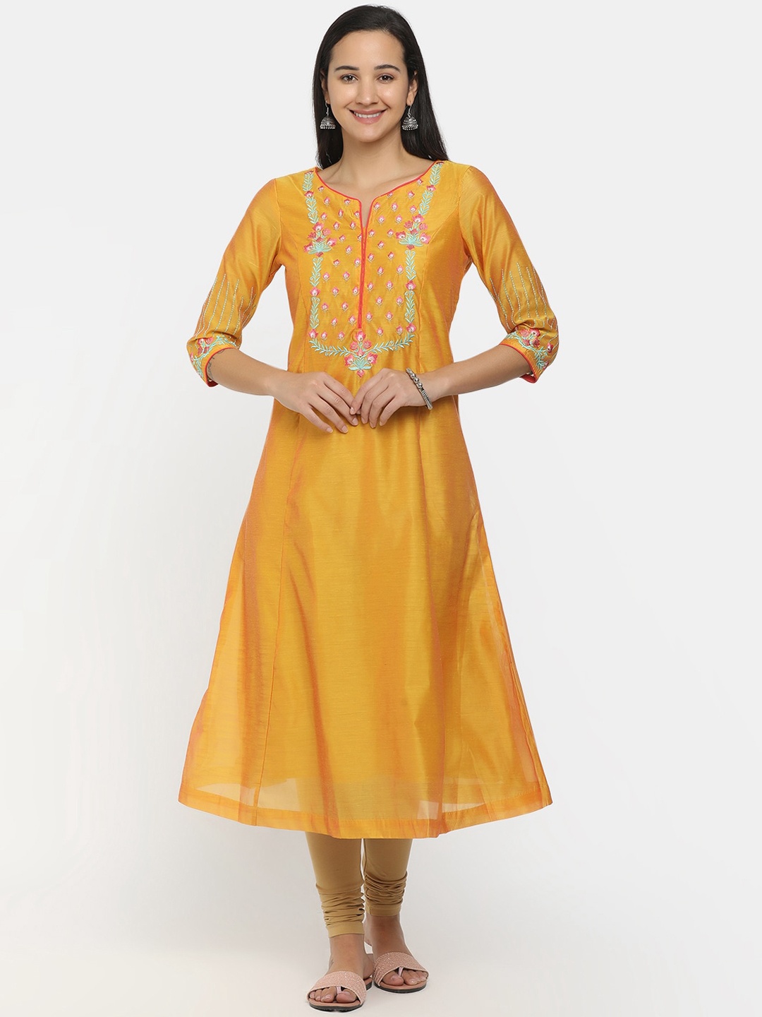 

V-Mart Women Mustard Yellow Embroidered Thread Work Anarkali Kurta