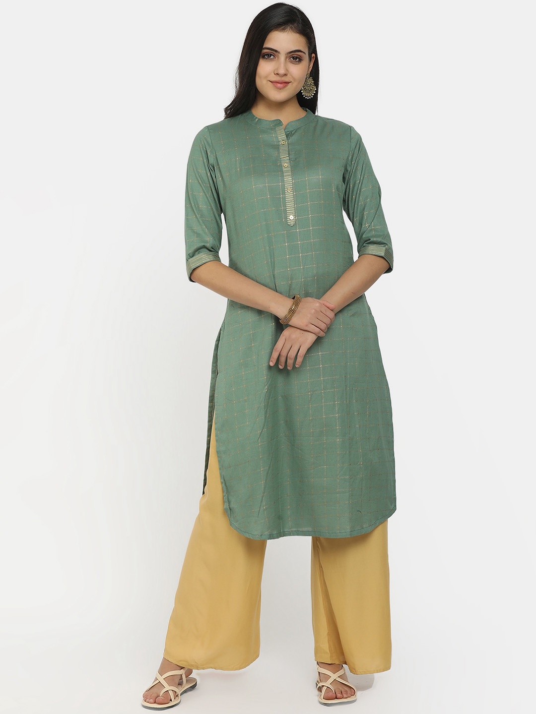 

V-Mart Women Green Checked Straight Kurta