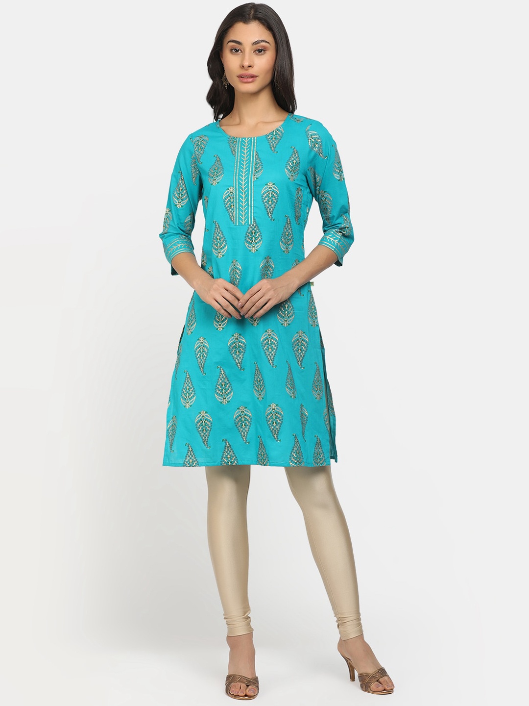 

V-Mart Women Teal & Gold-Toned Floral Printed Kurta