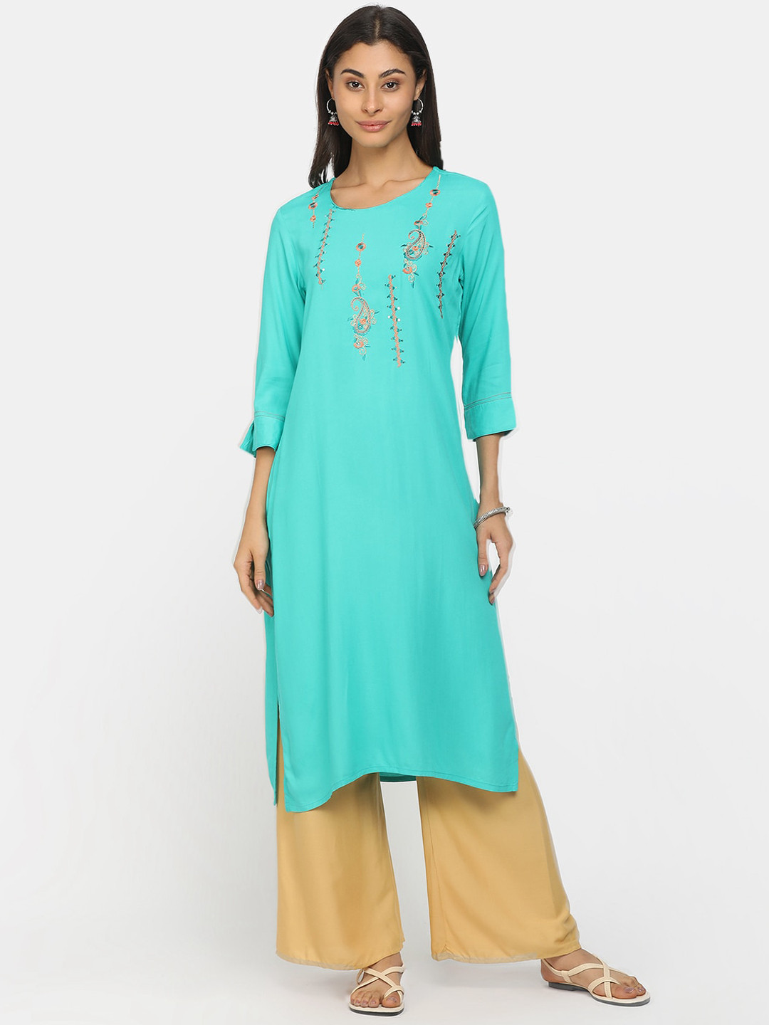 

V-Mart Women Sea Green Ethnic Motifs Embroidered Kurta