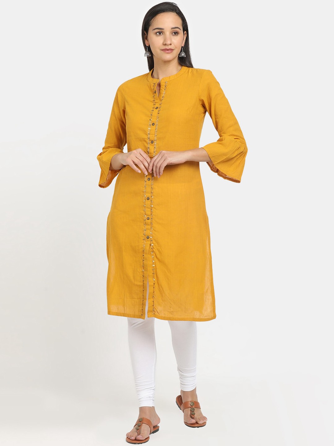 

V-Mart Women Mustard Yellow Embellished Bell Sleeves Kurta