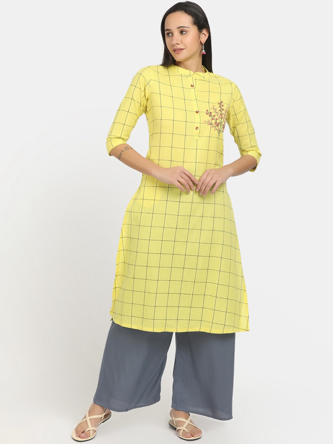 

V-Mart Women Yellow & Grey Checked Thread Work Kurta