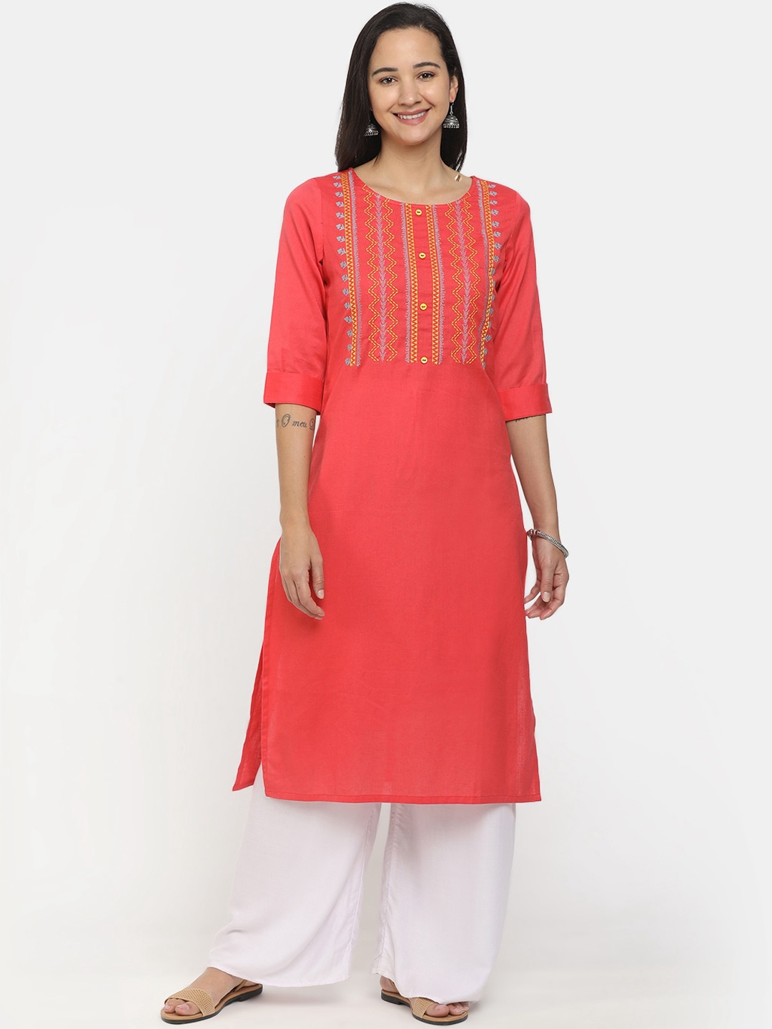 

V-Mart Women Coral Yoke Design Thread Work Kurta