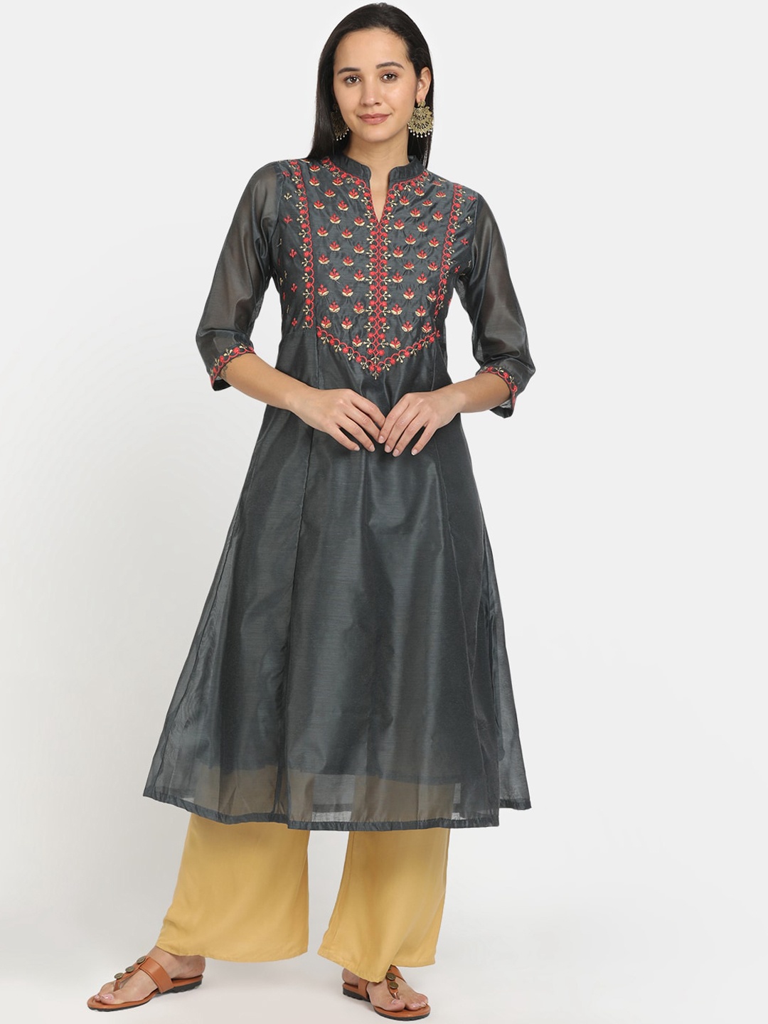 

V-Mart Women Grey Geometric Yoke Design Mirror Work Anarkali Kurta