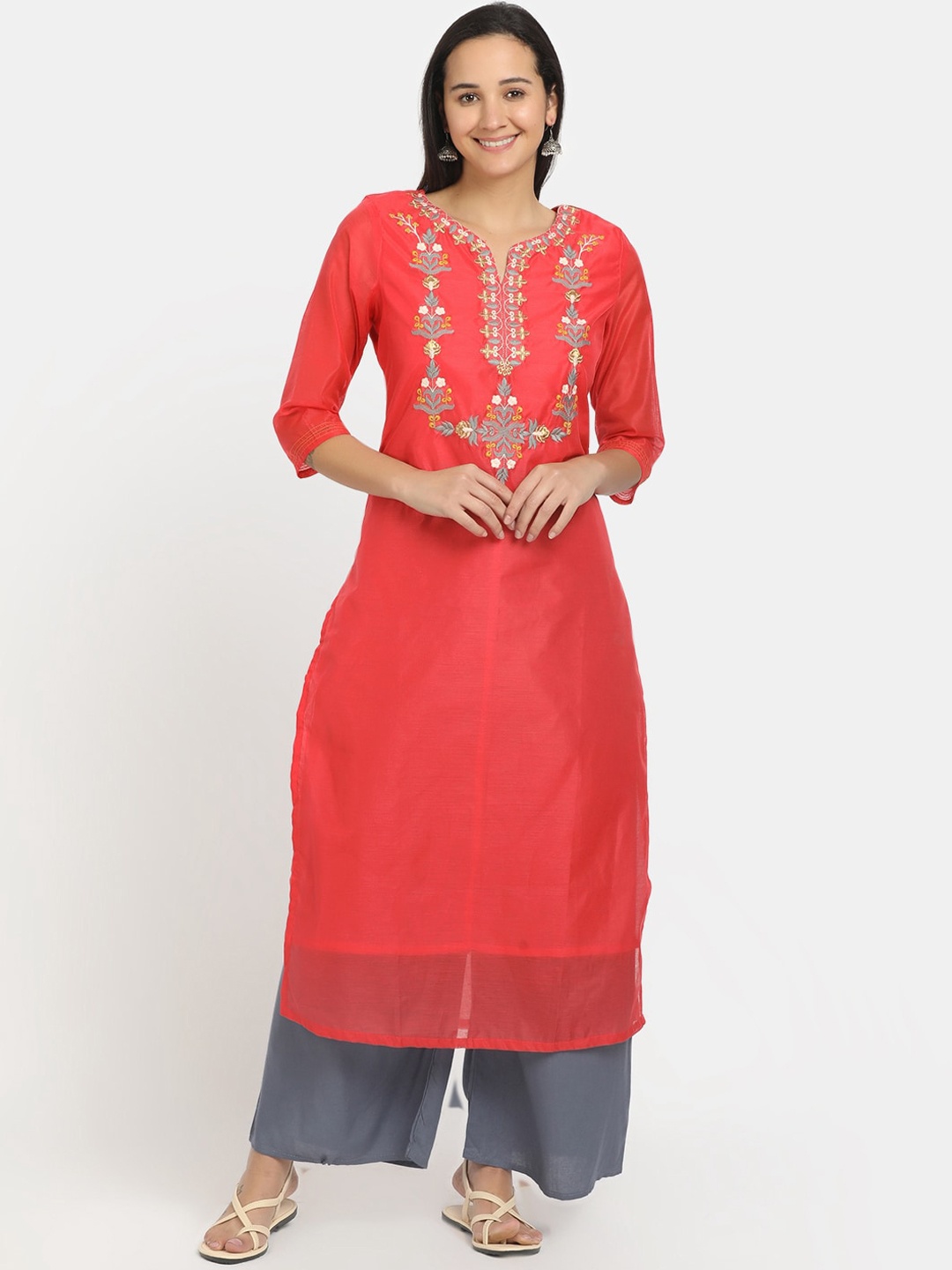 

V-Mart Women Red Floral Embroidered Thread Work Kurta