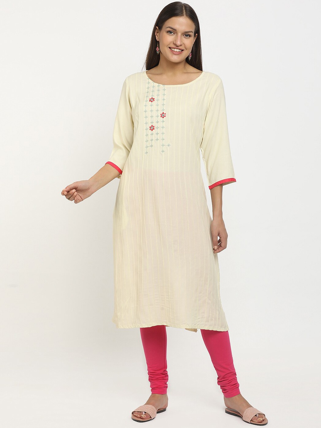 

V-Mart Women Cream Floral Embroidered Kurta