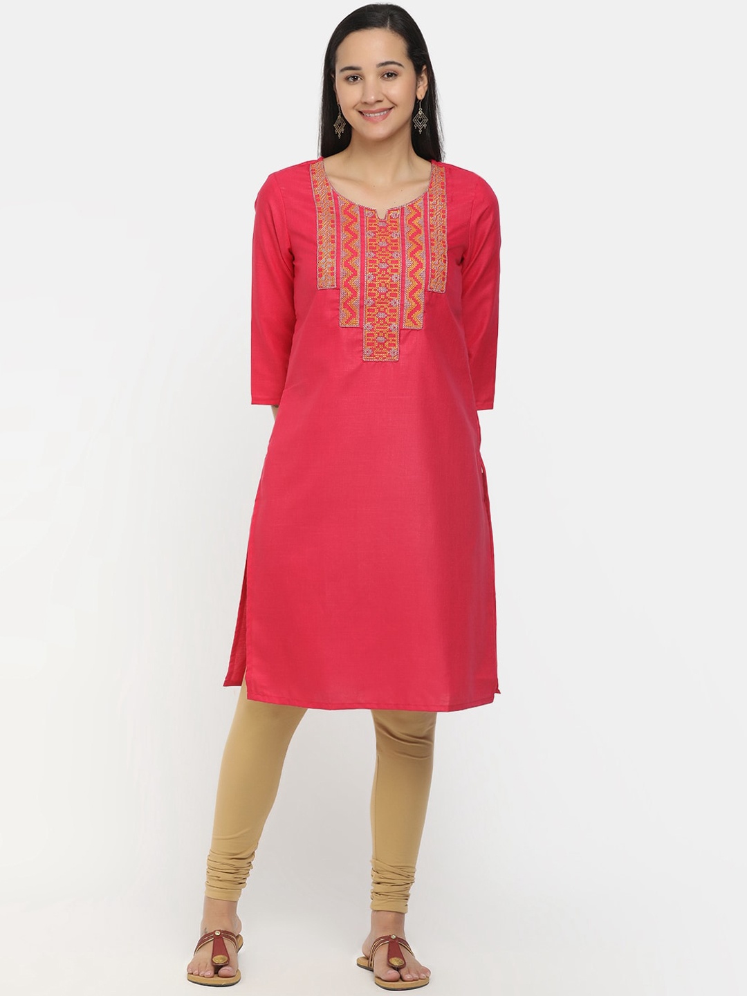 

V-Mart Women Fuchsia & Multicoloured Geometric Yoke Design Thread Work Kurta