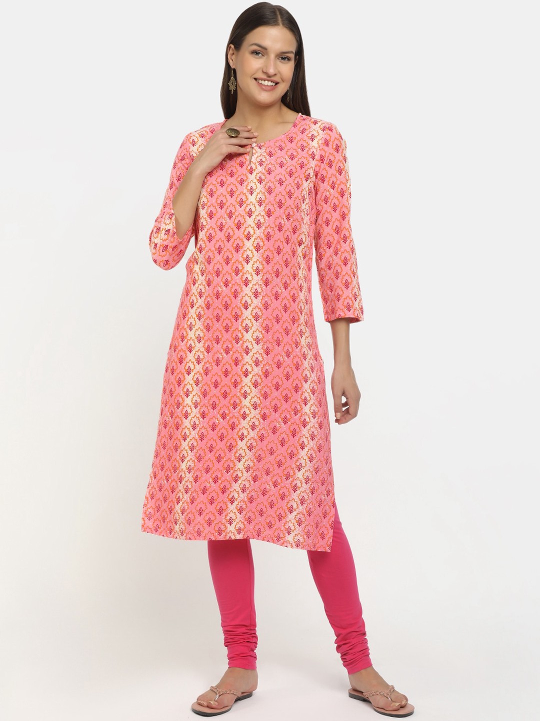 

V-Mart Women Pink Ethnic Motifs Printed Keyhole Neck Kurta