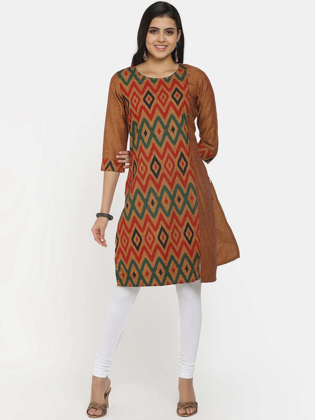 

V-Mart Women Rust & Green Geometric Printed Cotton Straight Kurta