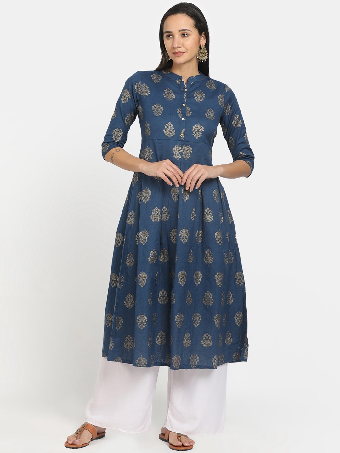 

V-Mart Women Navy Blue & Gold-Toned Floral Printed Kurta