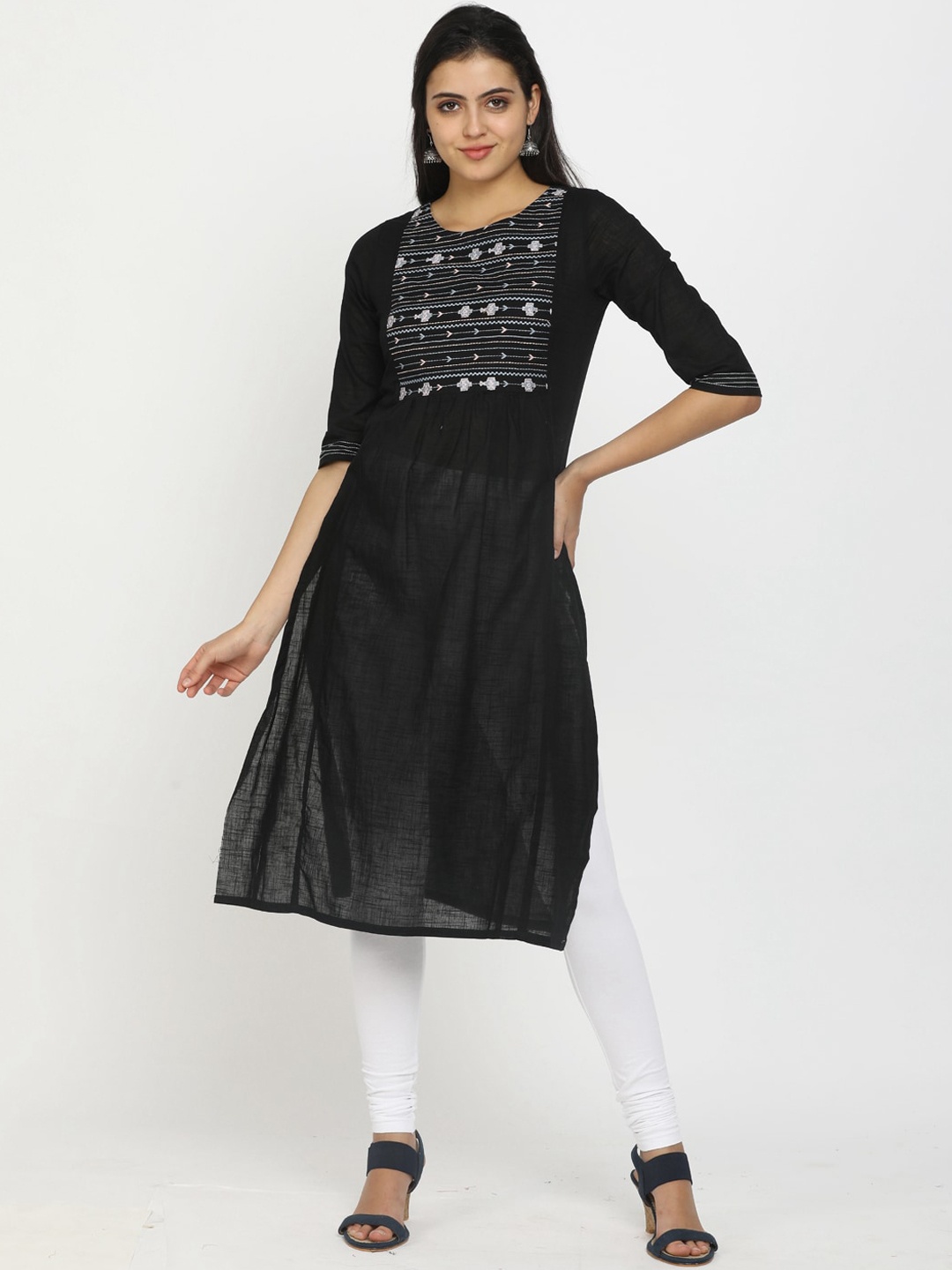 

V-Mart Women Black Yoke Design Thread Work Straight Kurta