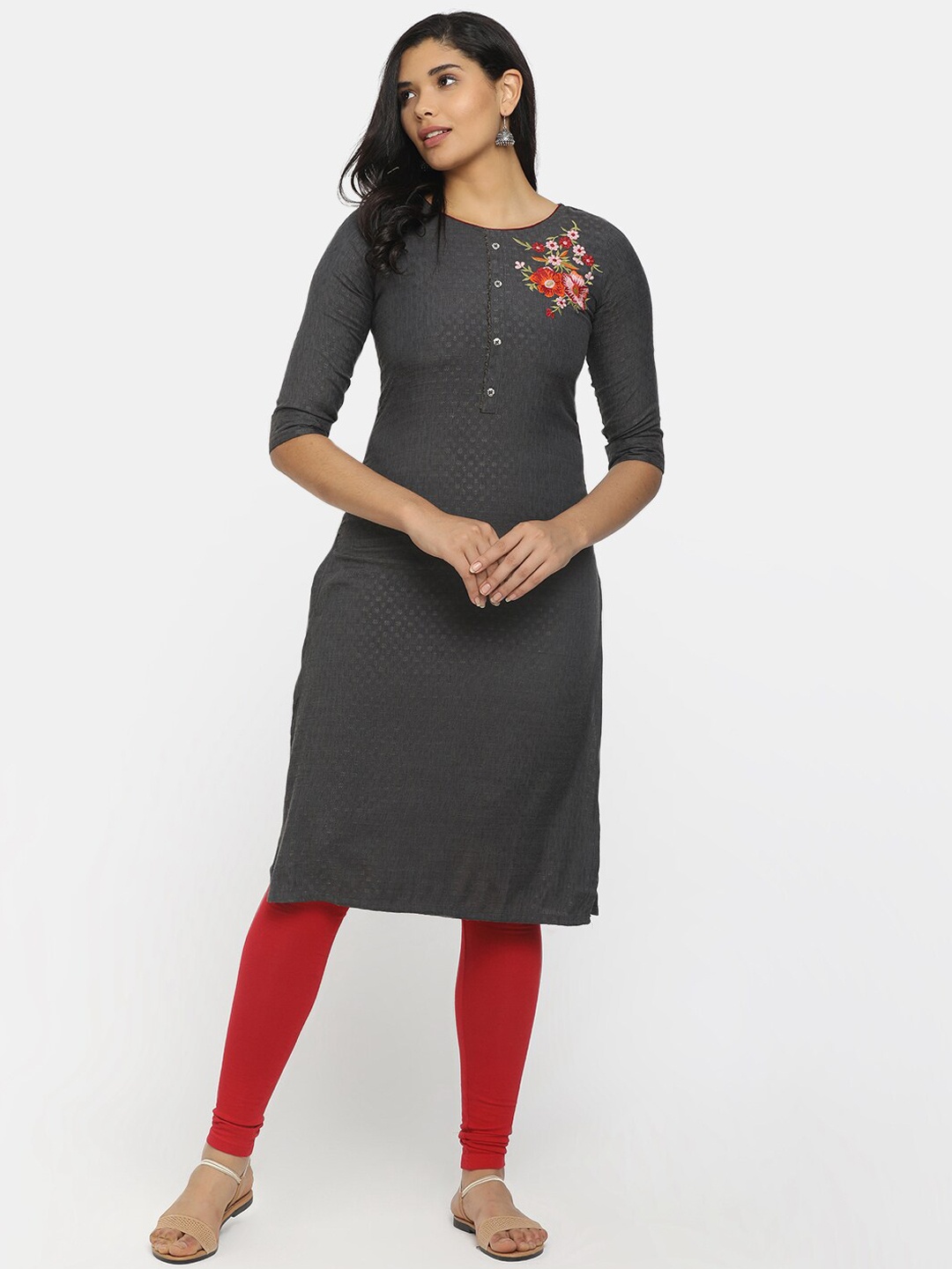

V-Mart Women Charcoal Floral Embroidered Thread Work Kurta
