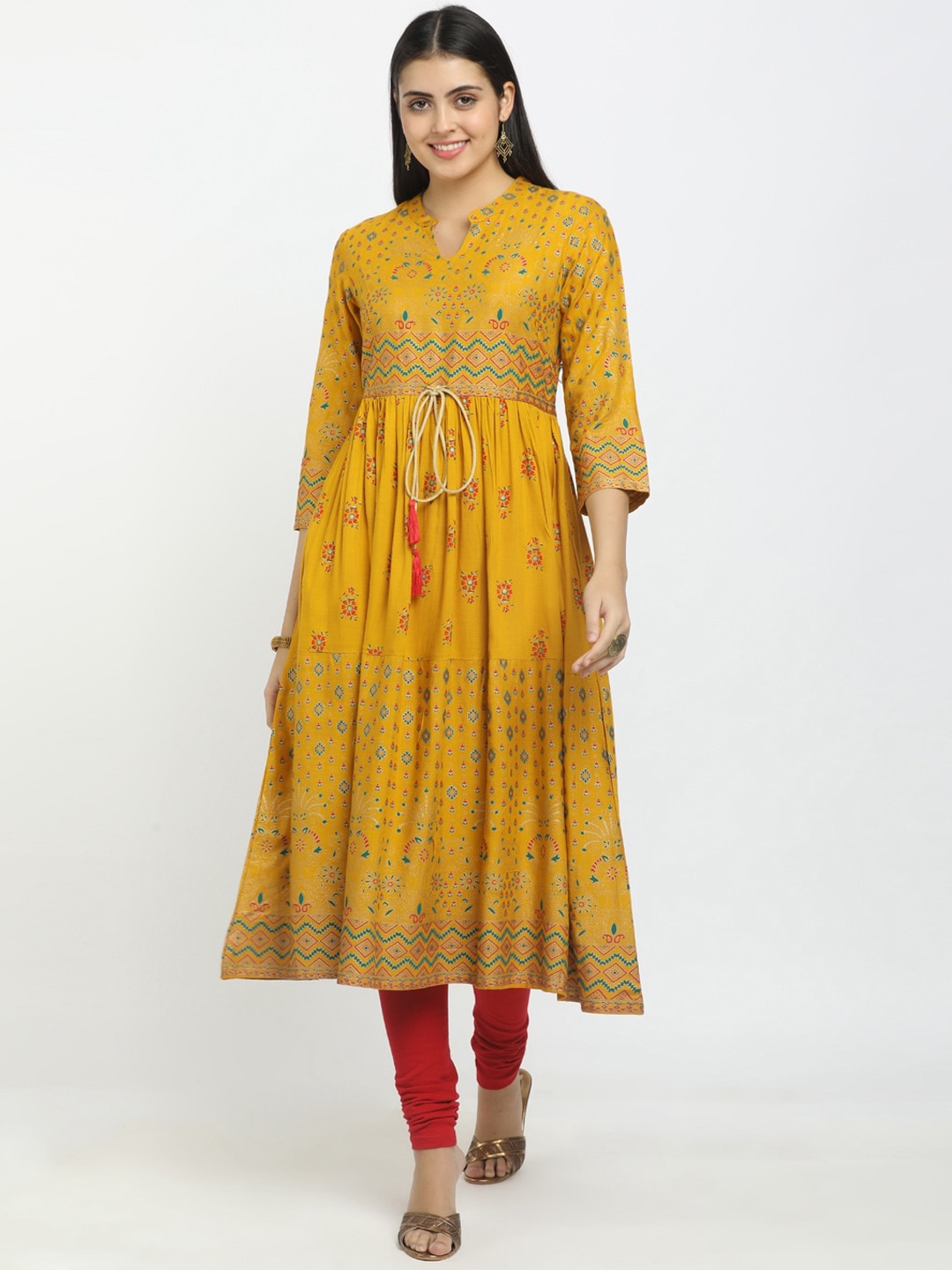 

V-Mart Women Mustard Yellow & Green Ethnic Motifs Printed Anarkali Kurta
