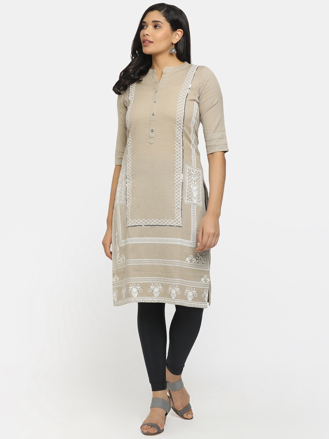 

V-Mart Women Beige & White Ethnic Motifs Printed Kurta