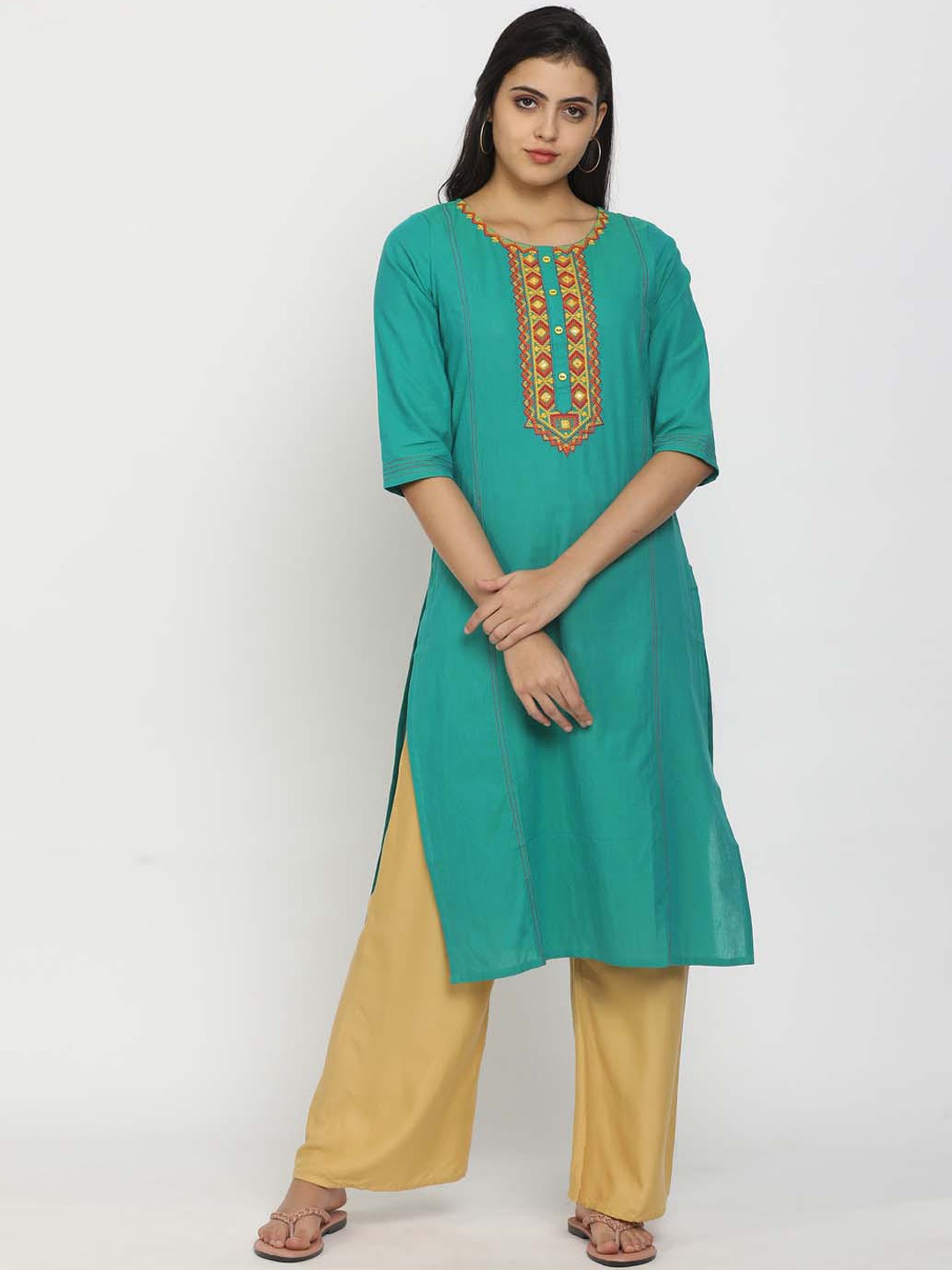 

V-Mart Women Teal Yoke Design Thread Work Cotton Kurta