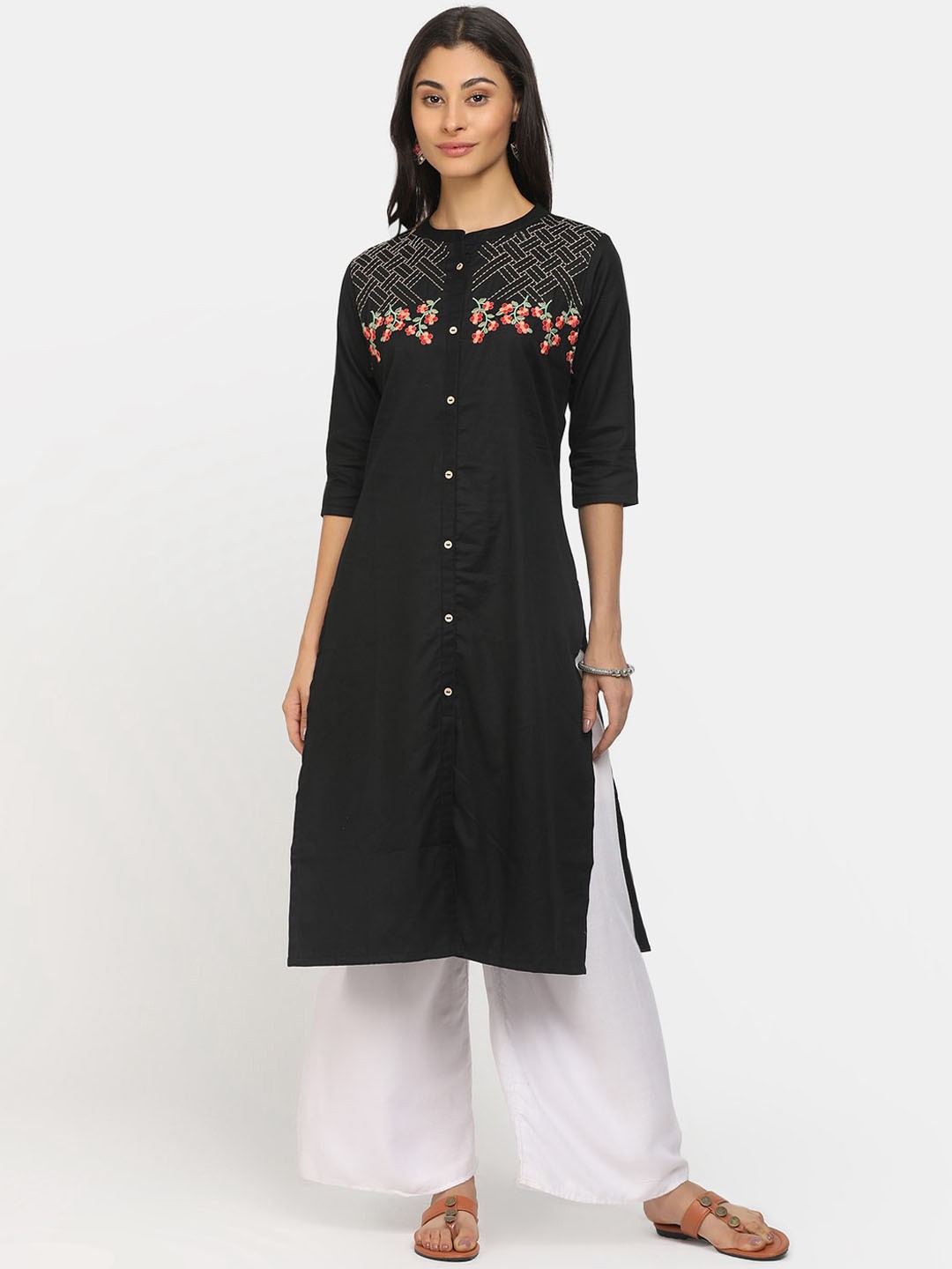 

V-Mart Women Black Floral Striped Thread Work Cotton Straight Kurta