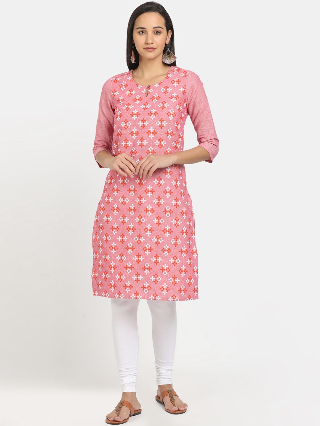 

V-Mart Women Pink & White Geometric Printed Keyhole Neck Cotton Kurta