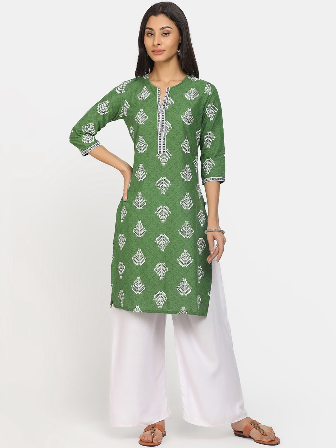 

V-Mart Women Green Geometric Printed Thread Work Kurta