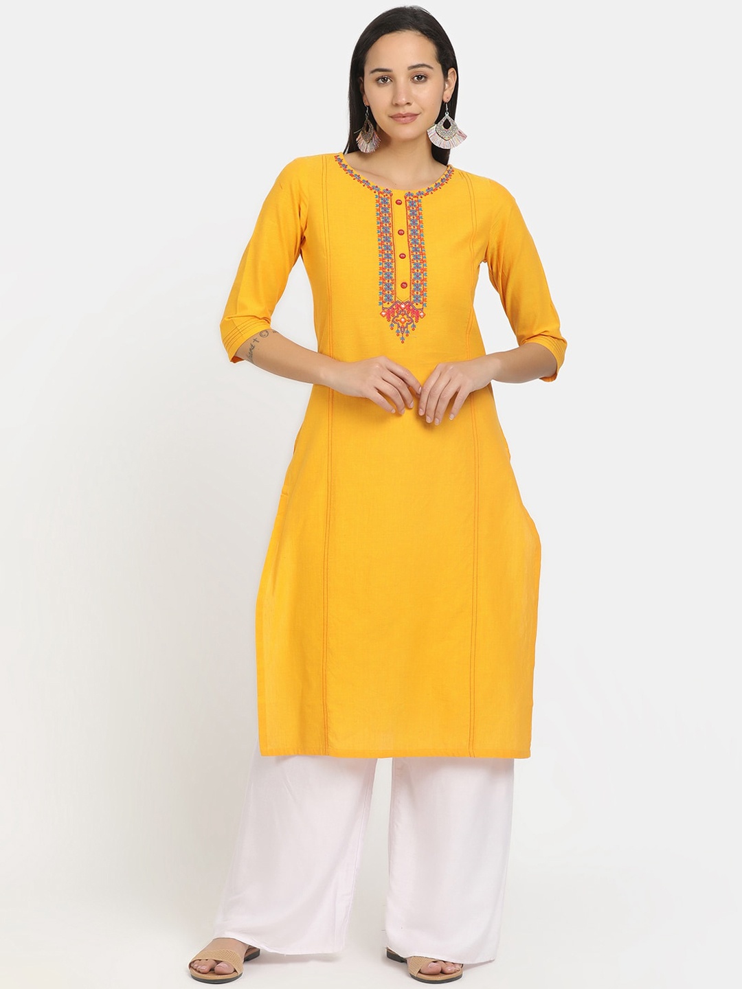 

V-Mart Women Mustard Yellow Floral Embroidered Kurta