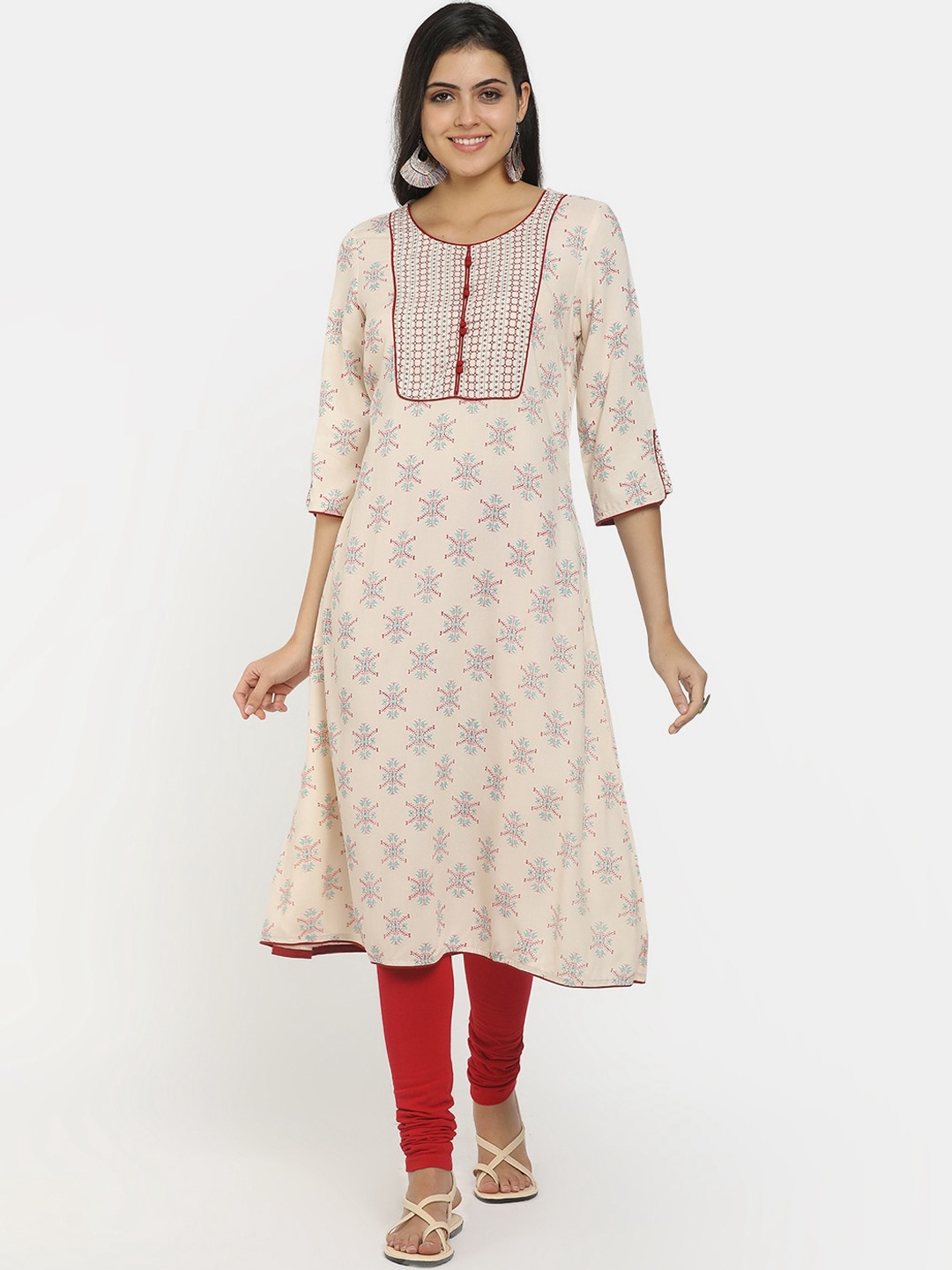 

V-Mart Women Beige Ethnic Motifs Printed Flared Sleeves Gotta Patti Kurta