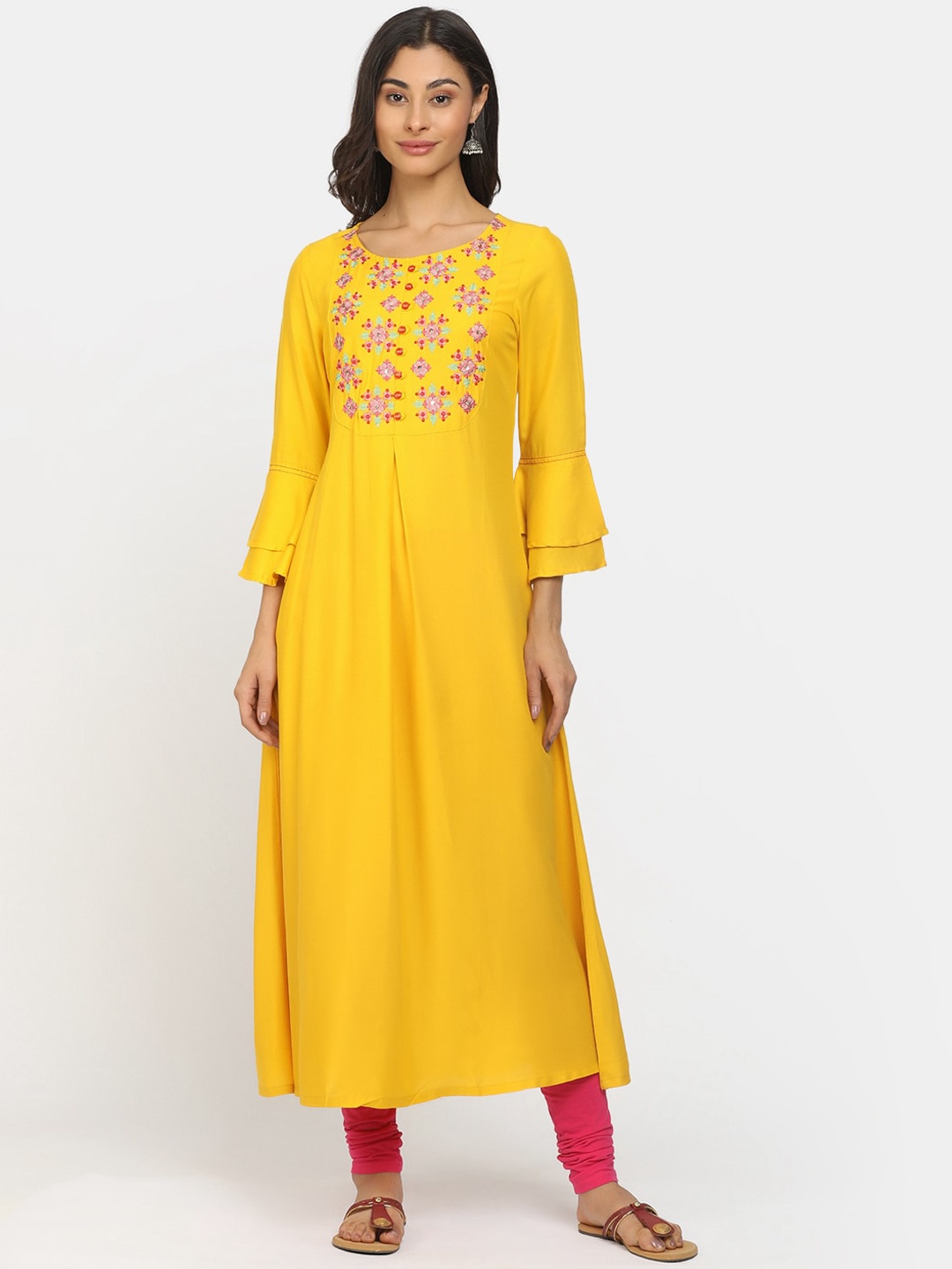 

V-Mart Women Mustard Yellow Floral Embroidered Bell Sleeves Kurta