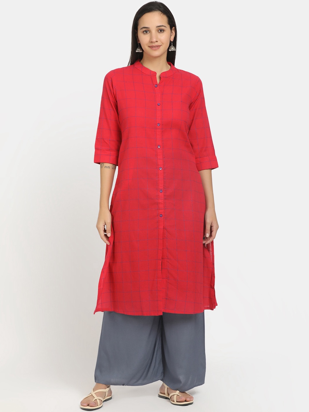 

V-Mart Women Fuchsia Checked Cotton A-line Kurta