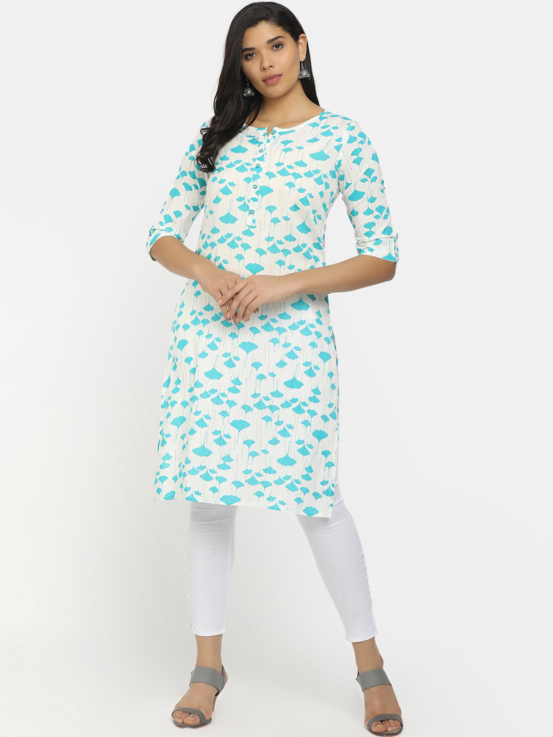 

V-Mart Women White & Turquoise Blue Floral Printed Kurta