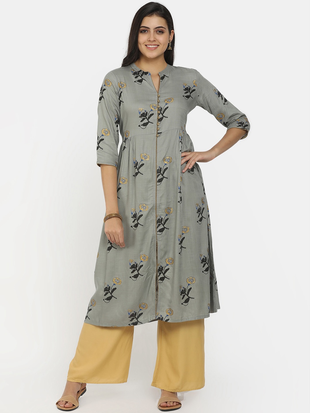 

V-Mart Women Green Floral Printed Gotta Patti Pleated Kurta