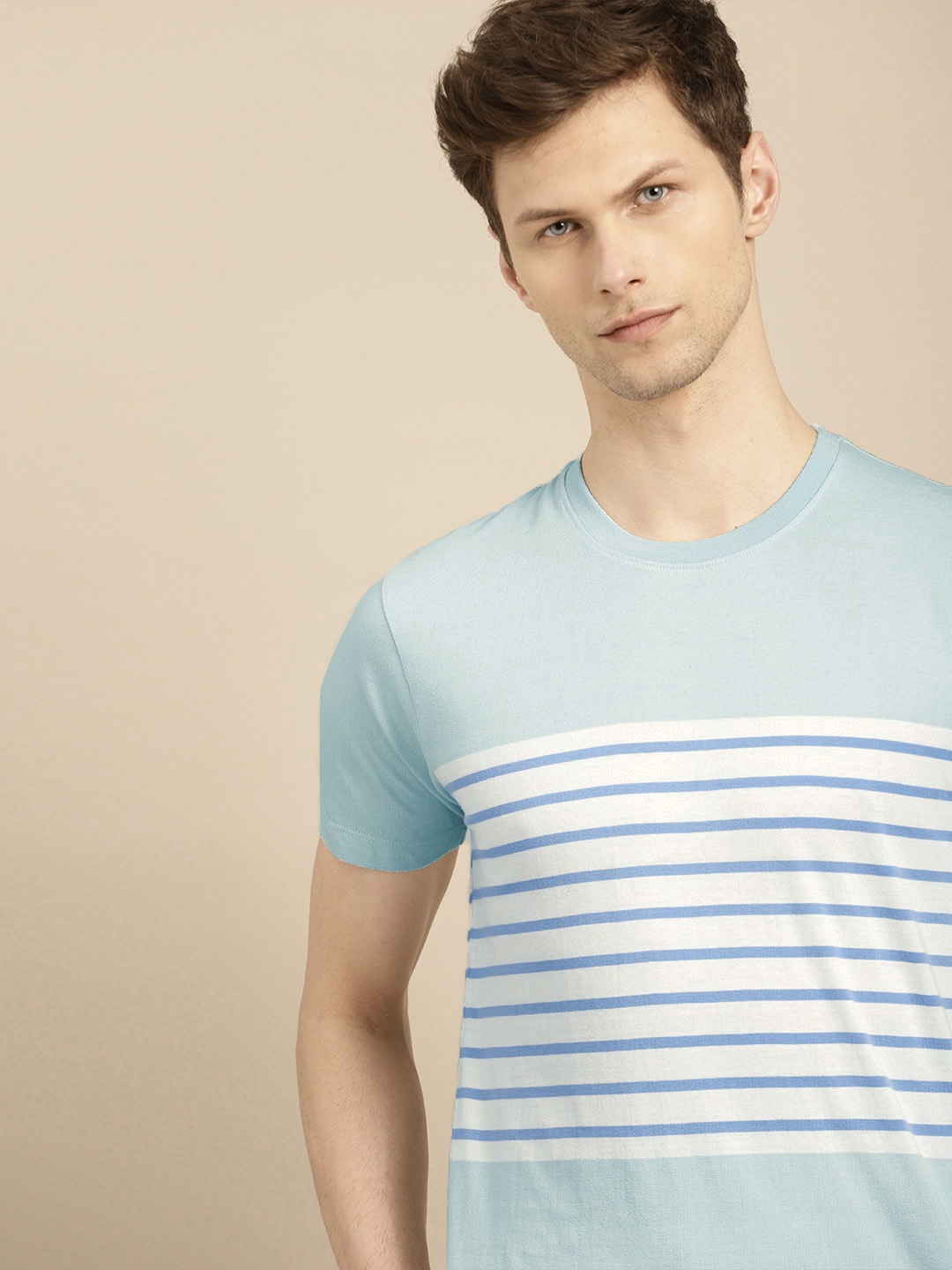 

ether Men Blue White Striped Round Neck Pure Cotton T-shirt