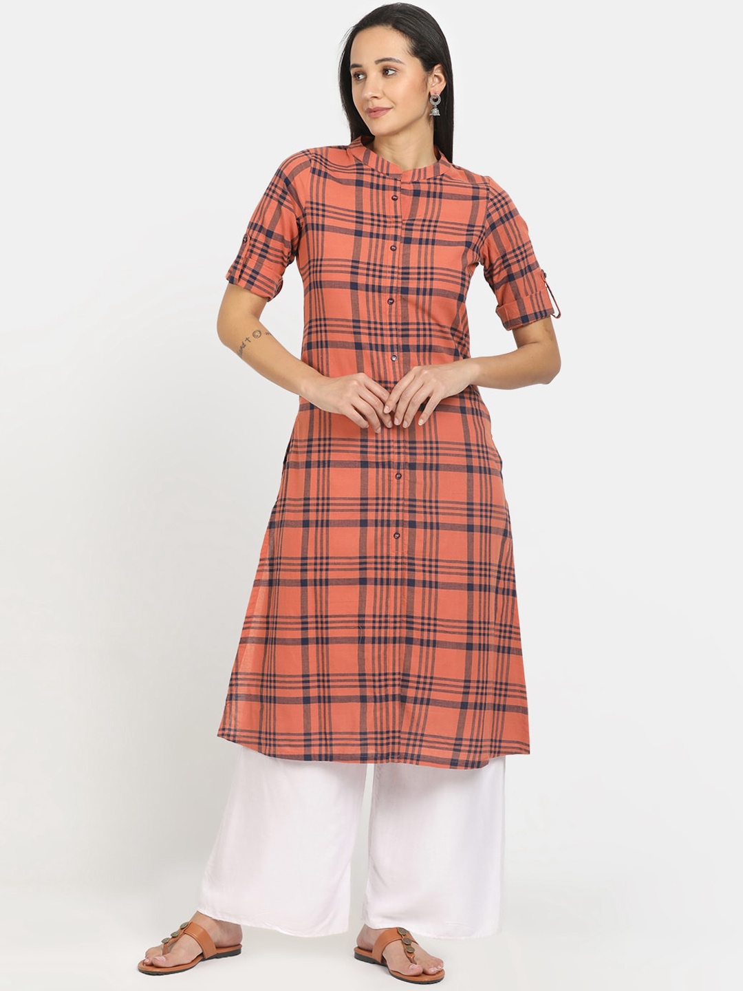 

V-Mart Women Orange & Navy Blue Checked Kurta