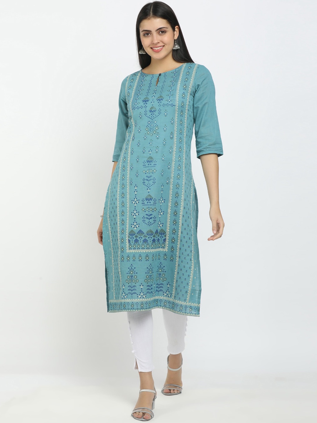 

V-Mart Women Sea Green Ethnic Motifs Printed Keyhole Neck Cotton Kurta