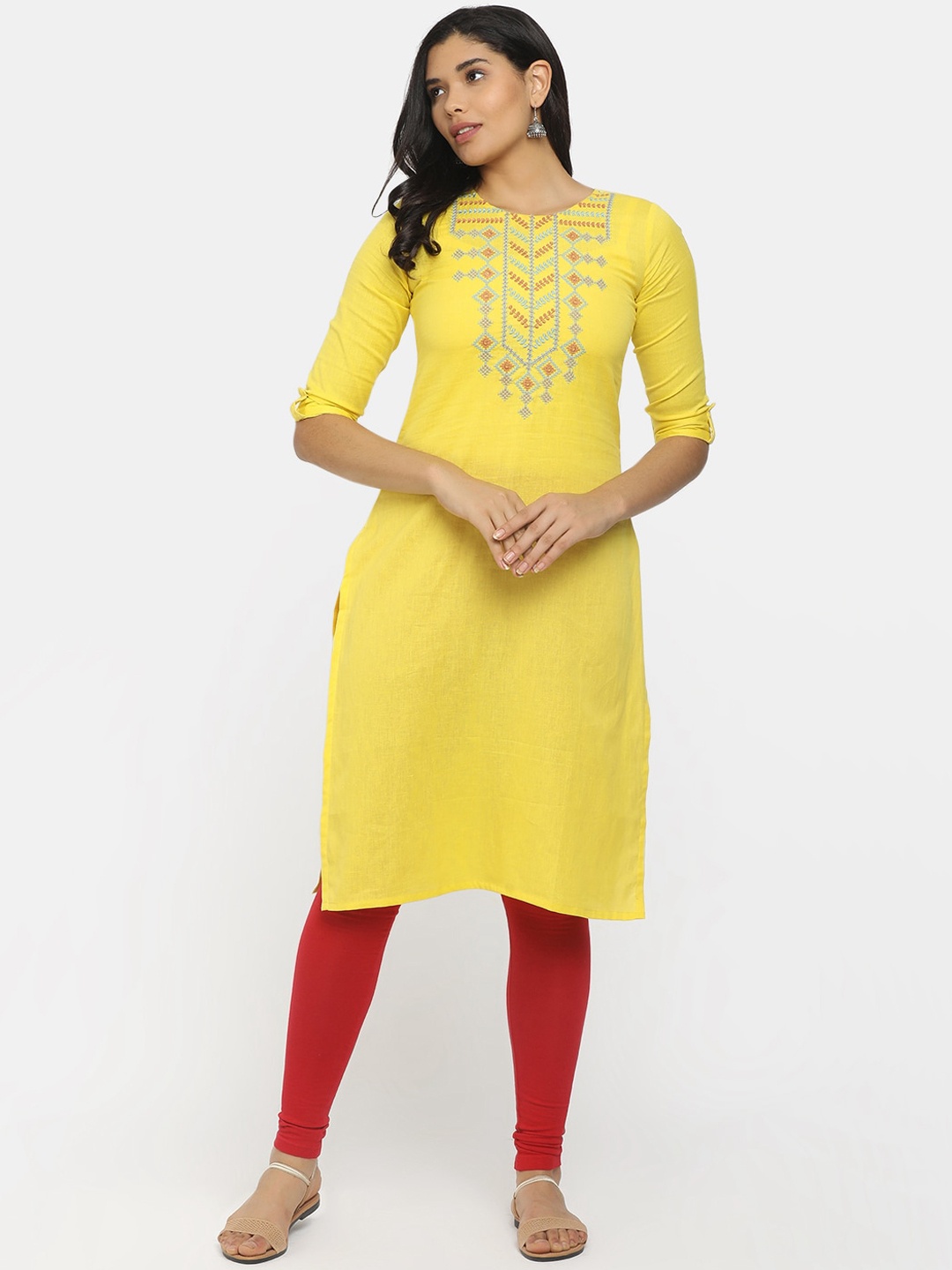 

V-Mart Women Yellow Geometric Yoke Design Flared Sleeves Kurta
