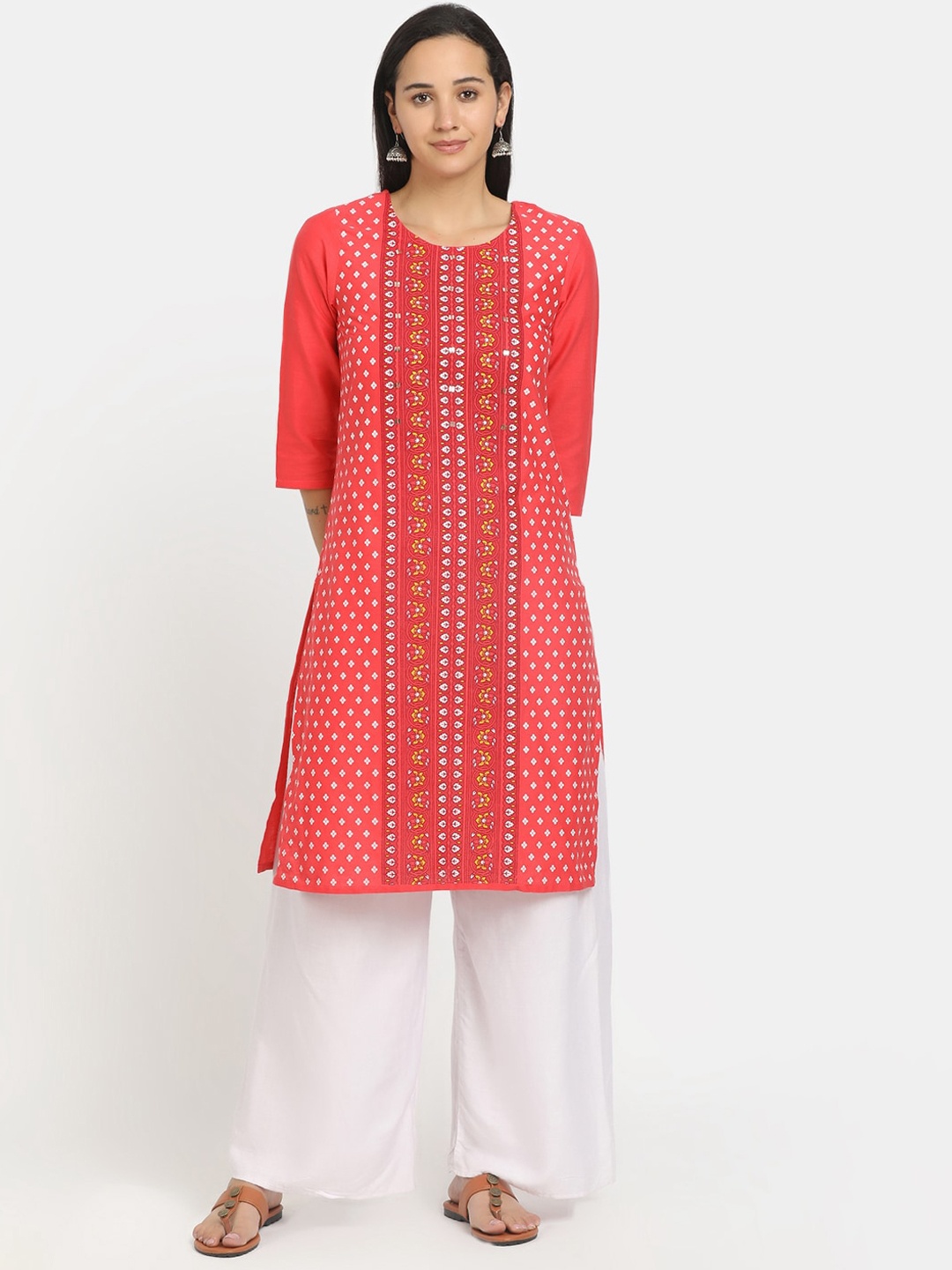 

V-Mart Women Coral & White Ethnic Motifs Printed Mirror Work Kurta